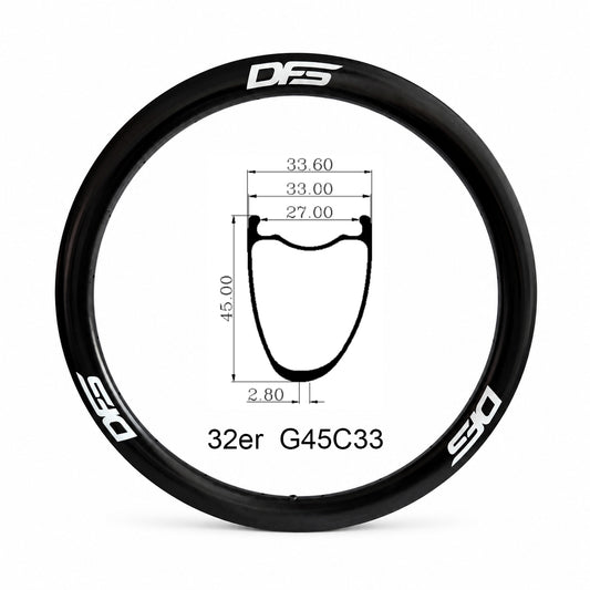 32er (27mm Int) Gravel Asymmetric Carbon Rims 45mm Depth 33mm Outer Wide